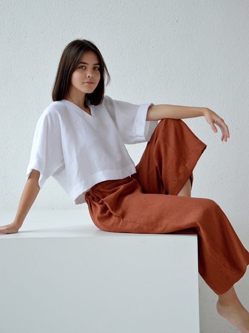 Linen pants, linen culottes woman's, terracotta casual pants, linen culottes, wide leg pants image 1