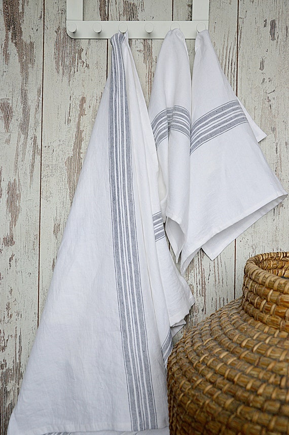 White bath thick linen towel / Heavy weight towel / Luxury towels / Striped linen towel / Bath towel / Soft linen towel / Guest towels