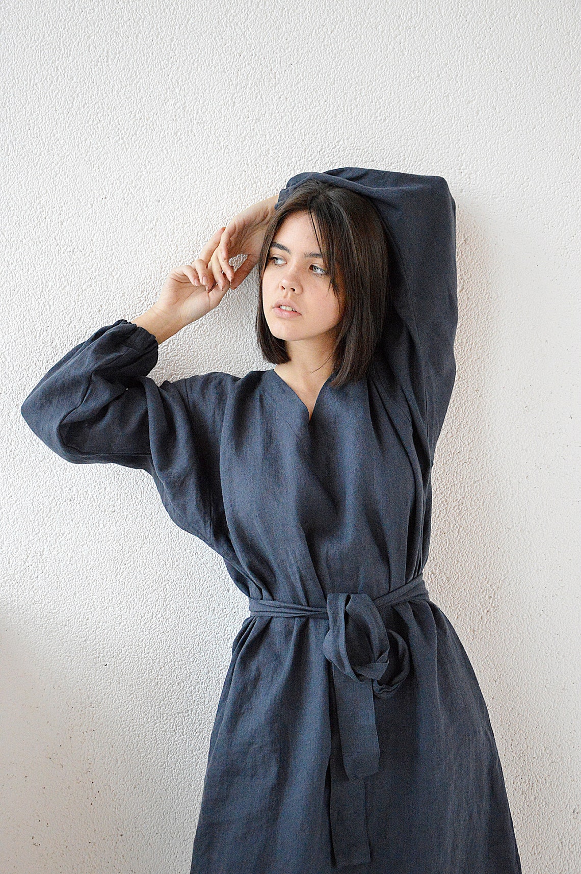 Midi Linen Dress / Long Sleeve Dress / V-neck Dress / Midnight - Etsy
