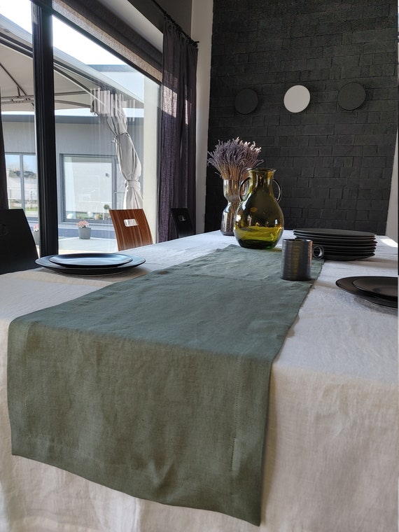 Linen table runner - Moss green linen table runner - Linen table runner with mitered corners