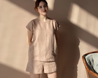 Pyjama en lin, ensemble haut et short en lin Peach, vêtements de détente en lin doux