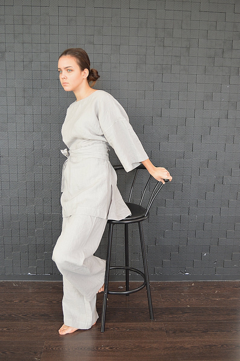 Linen tunic and pants set Linen tunic / kimono with a long belt Linen trousers and tunic Comfortable casual set image 5