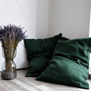 Bed linen pillowcase, DARK EMERALD stonewashed linen pillowcases envelope closure