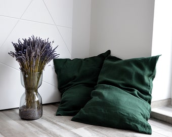 Bed linen pillowcase, DARK EMERALD stonewashed linen pillowcases envelope closure, Custom size