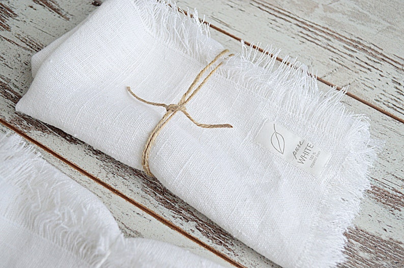 Linen fringed napkins, Thick linen napkin set, large linen napkins, White linen napkins, Rustic table linens, Christmas napkins, Napkins image 2