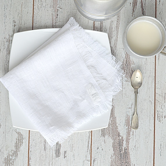 Linen fringed napkins, Thick linen napkin set, large linen napkins, White linen napkins, Rustic table linens, Christmas napkins, Napkins