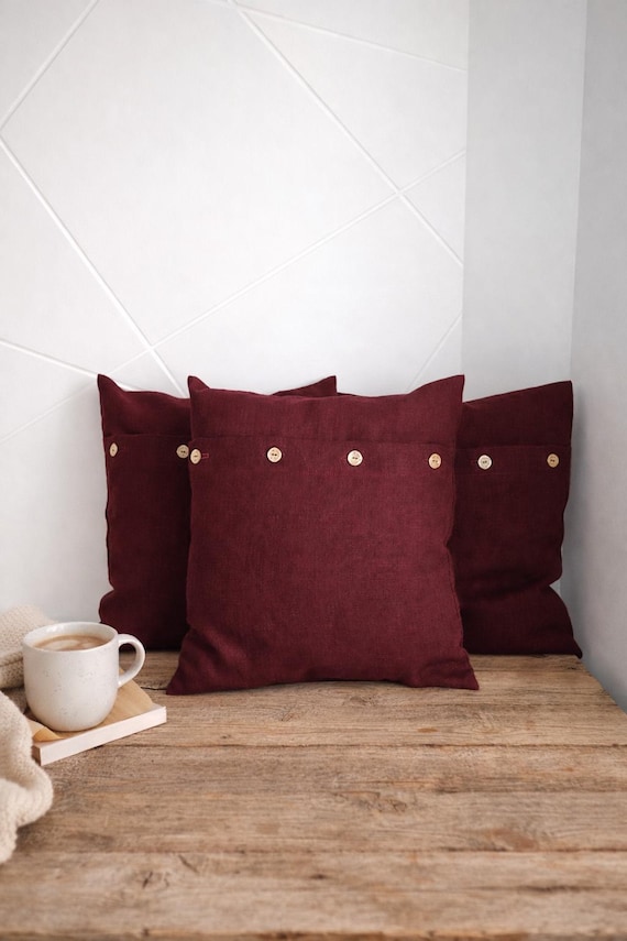 Thick Linen Pillow Cover, Coconut Button Throw Pillowcase