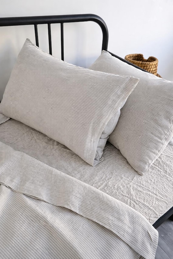 Stonewashed Linen Pillowcase, Striped Checkered Envelope Closure Bedding