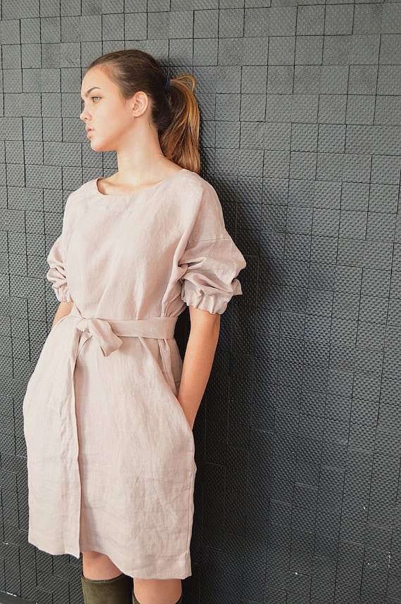 Pure linen dress / Wood rose linen dress / Dress with a belt /  Comfortable casual tunic / dress / Loose dress with pockets