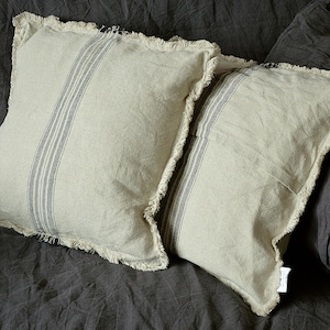 Linen pillow cover - Striped pillowcase with raw edges - Cushion cover - Striped linen pillow cover