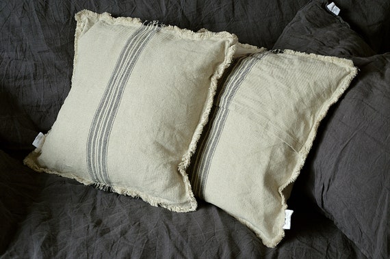 Linen pillow cover - Striped pillowcase with raw edges - Cushion cover - Striped linen pillow cover