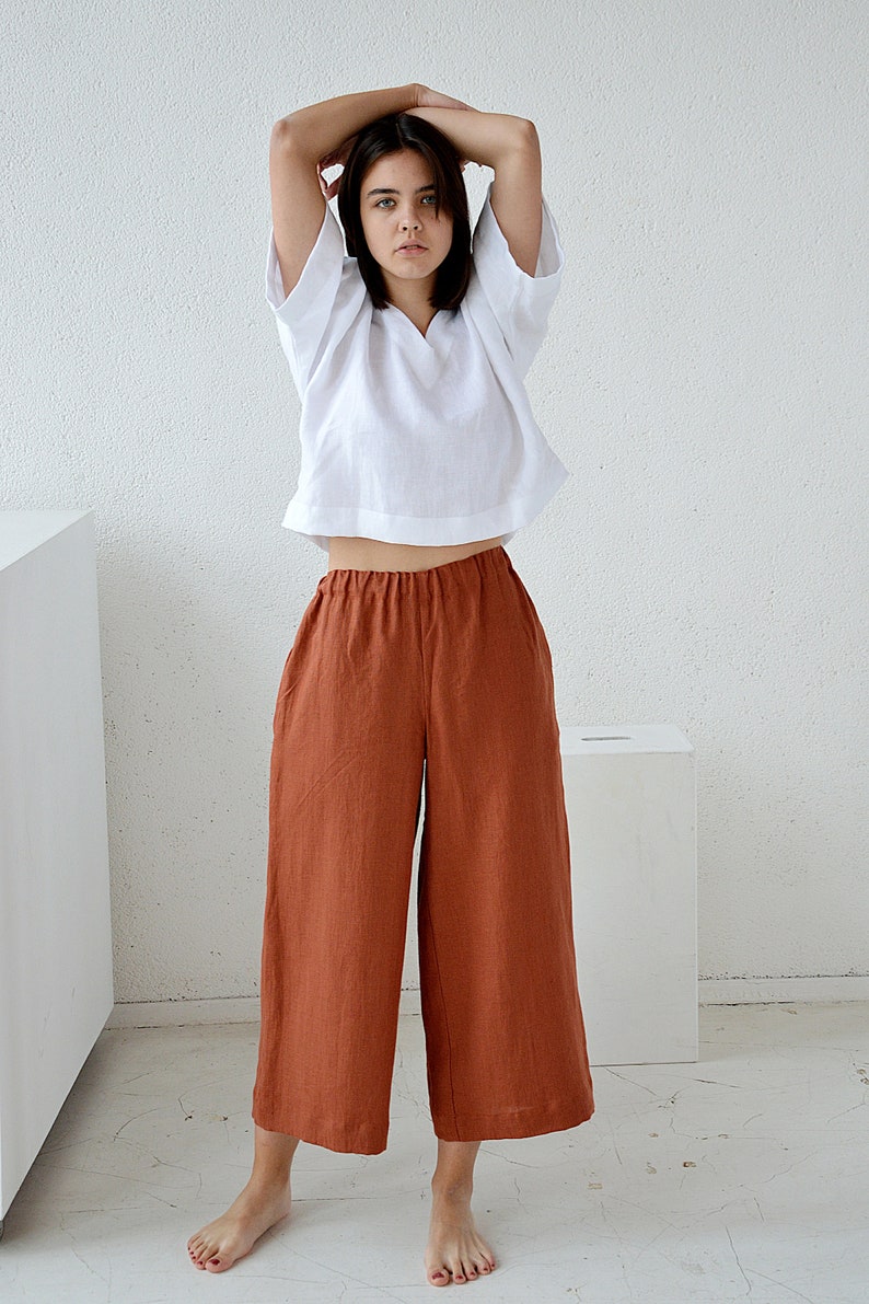 Linen pants, linen culottes woman's, terracotta casual pants, linen culottes, wide leg pants image 4