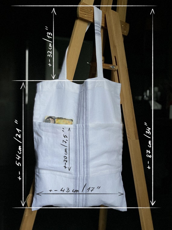 Linen shopping bag - Heavy tote bag - Striped tote bag - Large linen bag - Shopping bag with pocket - oversized tote bag