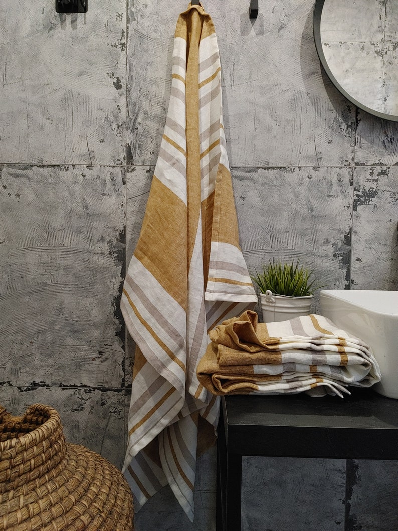 Linen bath sheet, Stonewashed linen bath towels, Thick striped linen towel image 8