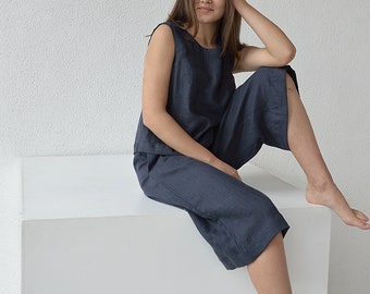 Linen culottes pants / Midnight blue linen pants / Woman's linen pants / Loose pants / Short flared pants / Soft linen trousers