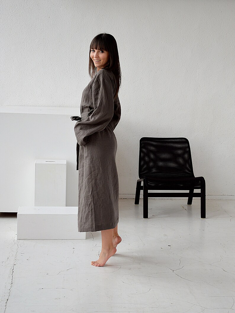 Weathered Wood Linen Morning Robe Long Robe With Pockets - Etsy