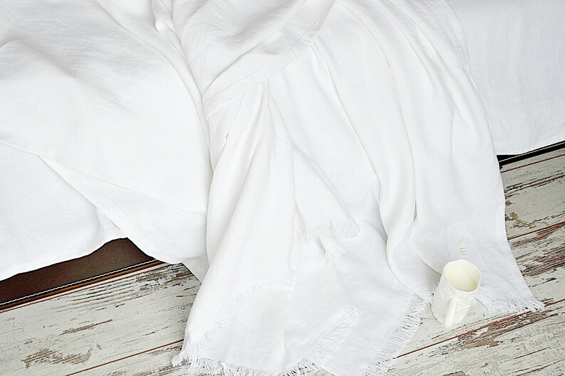 White linen throw set Throw blanket with fringe / without Etsy