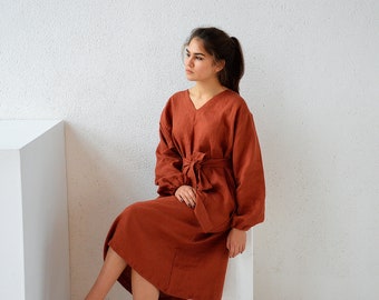 Linen dress / Woman's linen dress / Long sleeve dress / Terracotta midi linen dress / V-neck dress / Woman's clothing