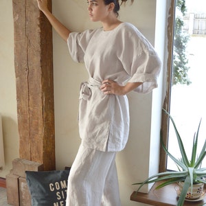 Linen tunic and pants set Linen tunic / kimono with a long belt Linen trousers and tunic Comfortable casual set image 2
