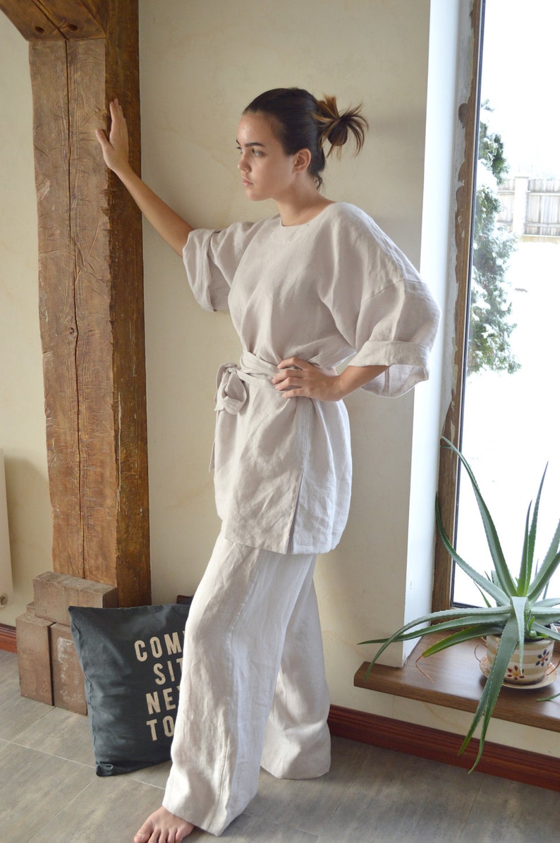 Linen tunic and pants set Linen tunic / kimono with a long belt Linen trousers and tunic Comfortable casual set image 2