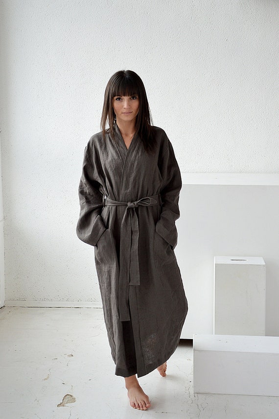 Weathered wood linen morning robe - Long robe with pockets - Long linen bathrobe - Linen loungewear