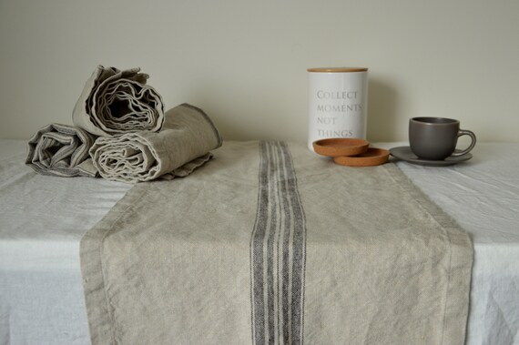 Thick linen table runner, Rustic table runner, Table runner with mitered corners, Striped table runner