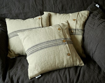 Linen pillow cover - Striped pillowcase with coconut buttons - Cushion cover - Striped linen pillow cover