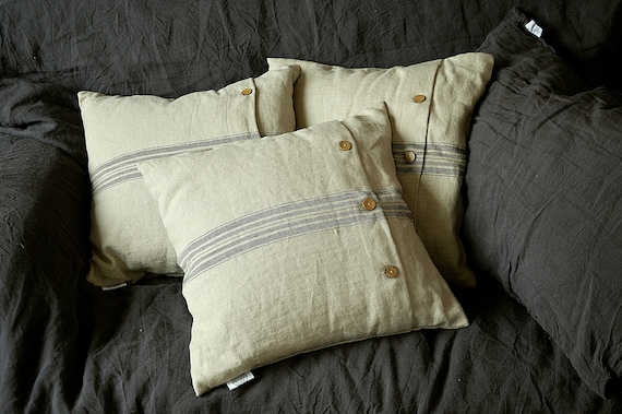 Linen pillow cover - Striped pillowcase with coconut buttons - Cushion cover - Striped linen pillow cover