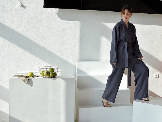 Linen kimono and pants set / Dovetail linen suit / Kimono jacket / Loose kimono and pants / Loungewear linen suit