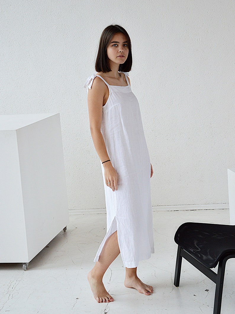 Linen night dress /Handmade sleepwear / Soft linen sleep dress / Dress with regulating straps / Long white dress Soft loungewear image 3