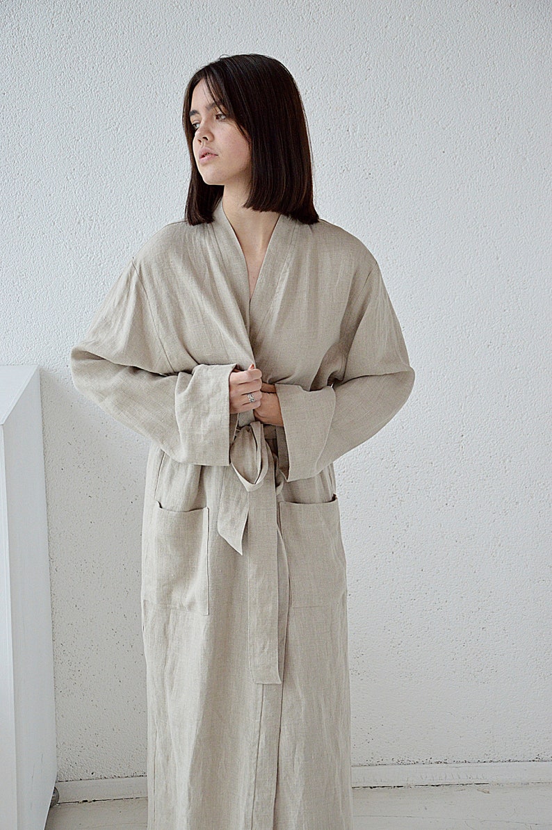 Natural linen morning robe Long robe with pockets Long Etsy
