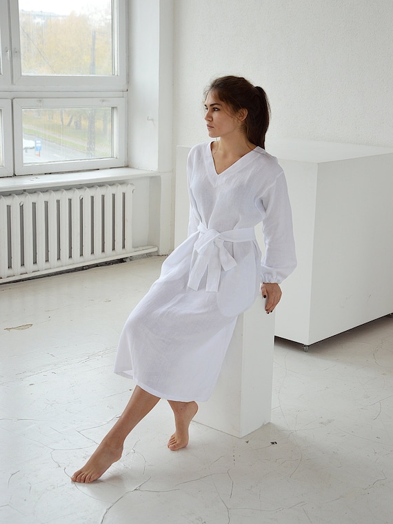 Linen dress / Long sleeve dress / V-neck dress / White linen dress / Woman's linen dress / Linen clothing / Midi linen dress