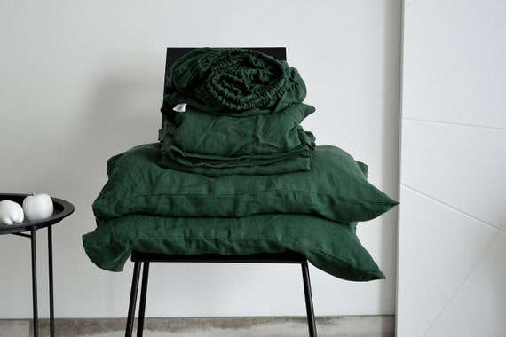 LINEN SHEET SET, linen sheet set of 4 pcs, 2 pillowcase and 2 sheet set, Dark emerald linen bedding set