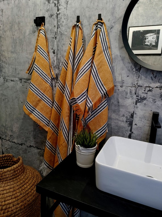 Linen bath sheet, Stonewashed linen bath hand towels, Thick striped linen towel