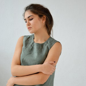 Linen top, Sleeveless moss green basic top, Tank linen blouse