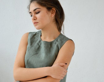 Linen top, Sleeveless moss green basic top, Tank linen blouse