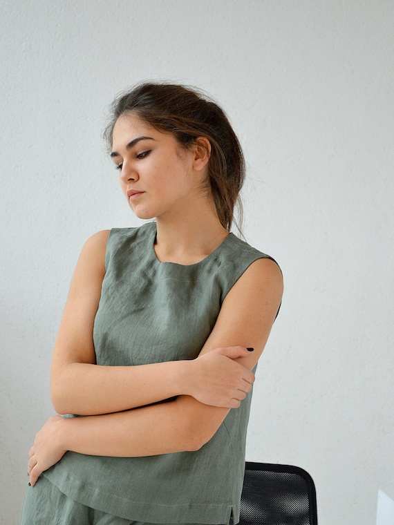 Linen top, Sleeveless moss green basic top, Tank linen blouse