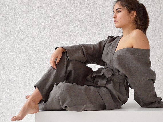 Linen kimono and pants set / Weathered wood linen suit / Kimono jacket / Loose kimono and pants / Loungewear linen suit