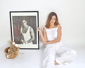 Linen pajama set, Linen loungewear, White Top and Pants