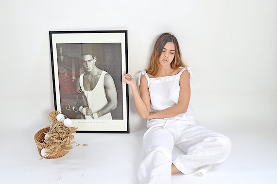 Linen pajama set, Linen loungewear, White Top and Pants