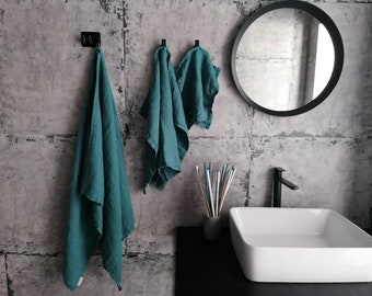 Linen soft waffle towel  - Medium weight towel - Stonewashed Turquoise linen towels - Pure linen hand / face towel - Handmade linen towels