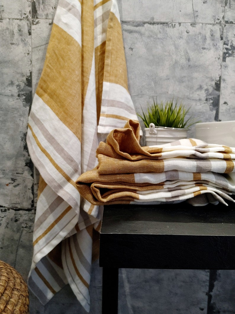 Linen bath sheet, Stonewashed linen bath towels, Thick striped linen towel image 10