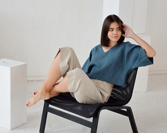 Linen top / Ocean wave linen top / V-neck blouse / Oversize linen top / Casual linen top