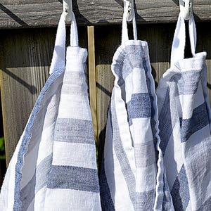 Striped linen towel / Thick hand guest tea towel / Natural washed linen towels / Pure white with blue stripes towel / Durable towels