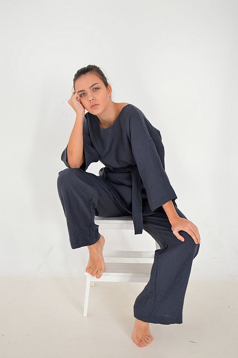 Linen tunic and pants set Linen tunic / kimono with a long belt Linen trousers and tunic Comfortable casual set image 7