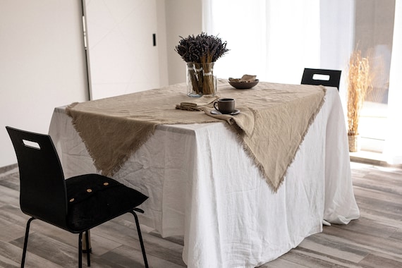 Fringed linen tablecloth, heavy weight table linens, Softened thick linen tablecloth, the raw edges table cloth