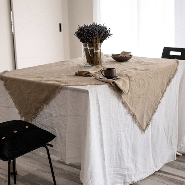 Fringed linen tablecloth, heavy weight table linens, Softened thick linen tablecloth, the raw edges table cloth