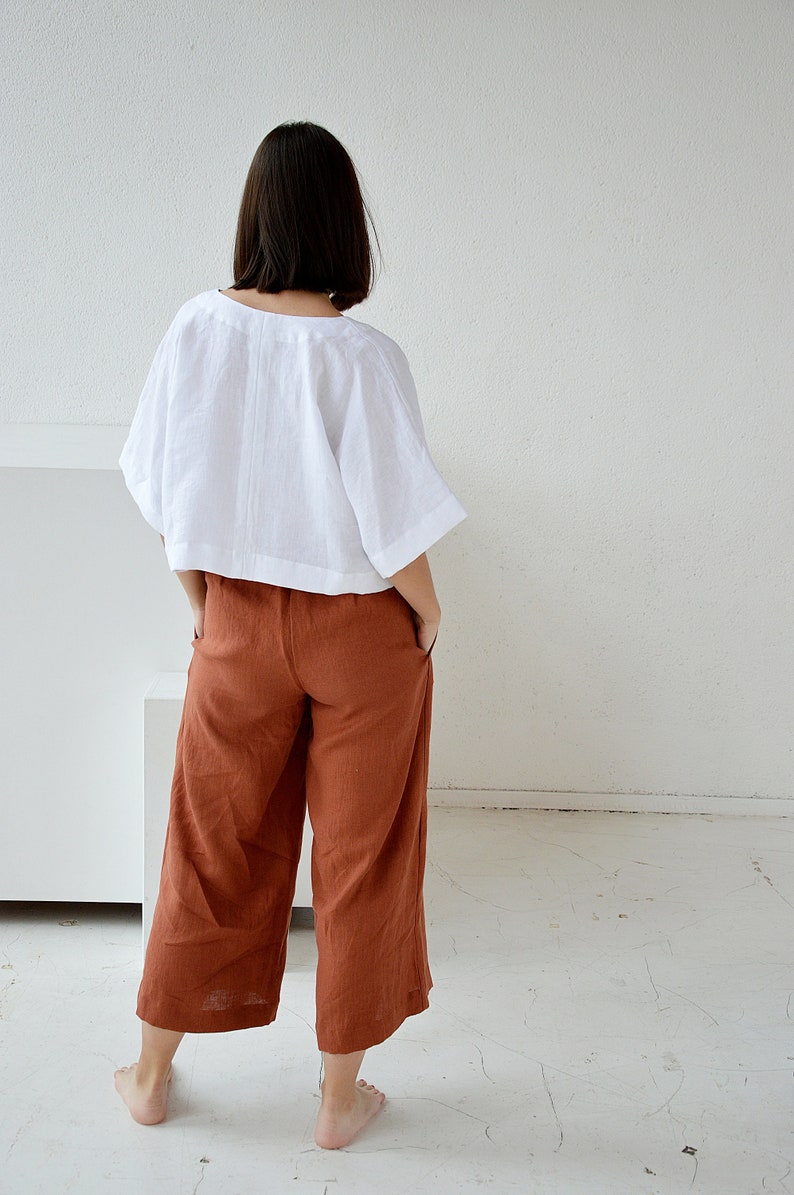 Linen pants, linen culottes woman's, terracotta casual pants, linen culottes, wide leg pants image 8