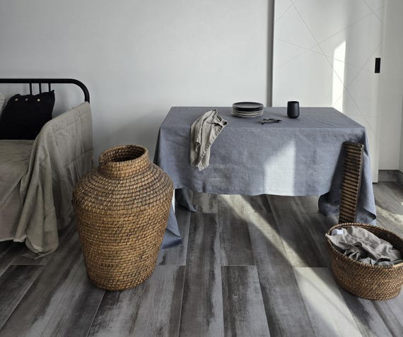 READY TO SHIP Smoky Gray Linen Tablecloth, Polka Dot ( 140cm x 255cm/55" x 100")