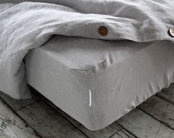 Linen fitted sheet, Stonewashed linen bedding, Ash pearl melange linen fitted sheet, Queen King sheets